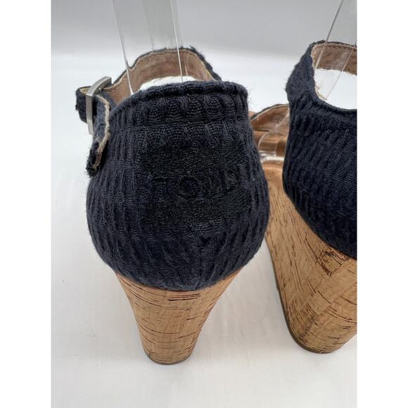 Women's Black Weave/Cork Toms Clarissa Strappy Peep Toe Wedge Sandals Size 10 - Picture 6 of 9
